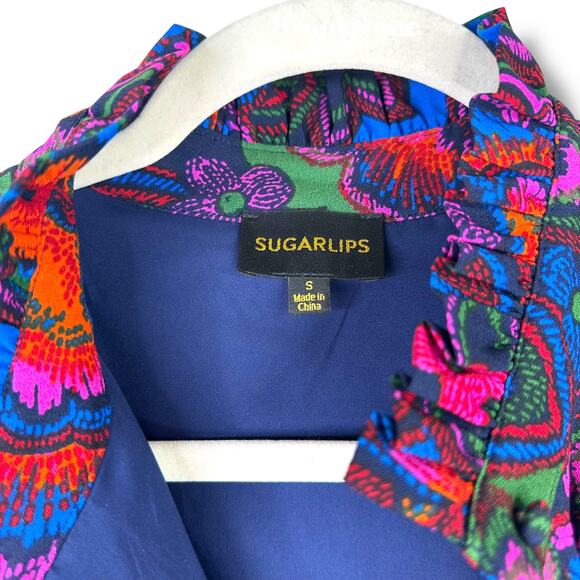 Sugarlips NWOT Rainbow Floral Print Crew Neck Button Tie Waist Mini Dress Small - Picture 6 of 11